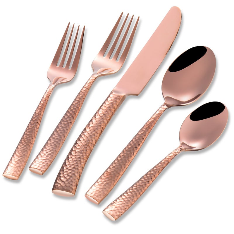 Flatasy Silverware Rose Gold Hammered Heavy Flatware Set Cutlery Set Stainless Steel Mirror Finished Utensil 20 Pieces Spoons Forks and Knives Service for 4 - Image 1